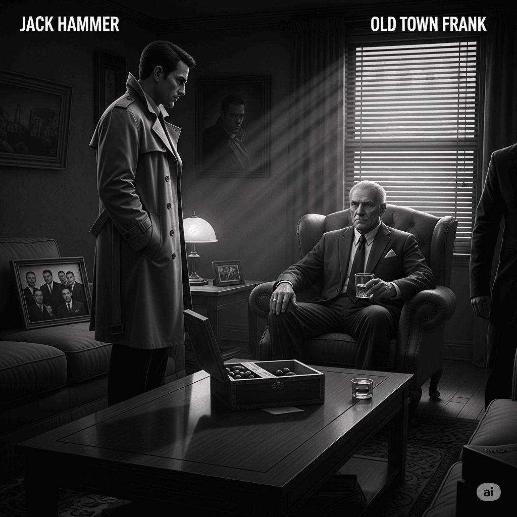 Grayscale, gritty pulp-noir image of detective Jack Hammer standing in a dimly lit living room, speaking with an older, authoritative man seated in an armchair, surrounded by subtle hints of a powerful "family" and their shared past.