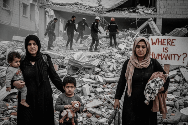 The Gaza Grinder: Where “Humanitarian Law” Goes to Die Grayscale image showing a family, including a mother holding a child and another child with a toy, standing amidst the extensive rubble of destroyed buildings in a conflict zone, with a sign in the background asking "WHERE IS HUMANITY?". Rescue workers are visible searching through debris in the distance.