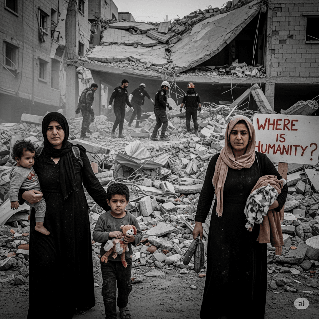 Grayscale image showing a family, including a mother holding a child and another child with a toy, standing amidst the extensive rubble of destroyed buildings in a conflict zone, with a sign in the background asking "WHERE IS HUMANITY?". Rescue workers are visible searching through debris in the distance.