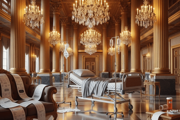 The Gilded Cage: Health Care Cuts & The President’s Golden Ballroom. A grand, opulent ballroom with golden columns and chandeliers, starkly contrasted by an empty hospital bed in the center, medical bills spilling from an armchair, and scattered pill bottles, symbolizing the juxtaposition of presidential luxury with healthcare struggles.