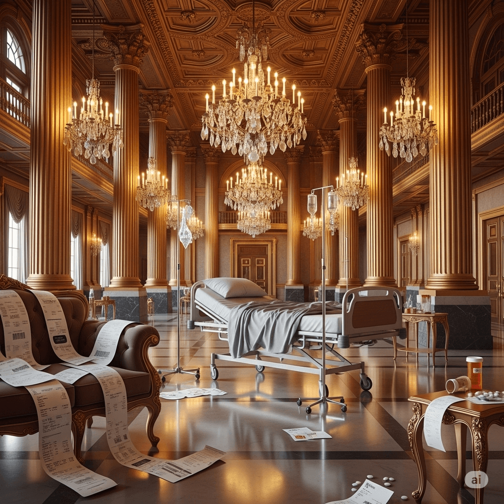 A grand, opulent ballroom with golden columns and chandeliers, starkly contrasted by an empty hospital bed in the center, medical bills spilling from an armchair, and scattered pill bottles, symbolizing the juxtaposition of presidential luxury with healthcare struggles.