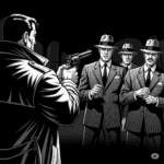 A graphic novel style, high-contrast, black-and-white image shows a brawny man with his back to the viewer, holding a revolver. He is pointing it at three noir gangsters who are facing the viewer. The scene is dominated by deep shadows.