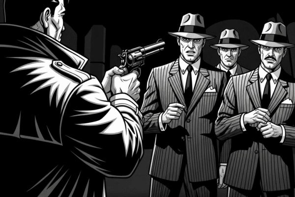 THE HAMMER FILES: Count the Play Dough A graphic novel style, high-contrast, black-and-white image shows a brawny man with his back to the viewer, holding a revolver. He is pointing it at three noir gangsters who are facing the viewer. The scene is dominated by deep shadows.