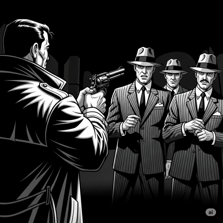 A graphic novel style, high-contrast, black-and-white image shows a brawny man with his back to the viewer, holding a revolver. He is pointing it at three noir gangsters who are facing the viewer. The scene is dominated by deep shadows.
