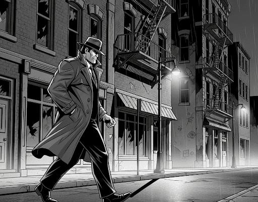 THE HAMMER FILES: A New Hand A grayscale, high-contrast pulp-noir graphic novel panel shows Jack Hammer, a burly man in a trench coat and fedora, walking down a rundown city street at night. The street is lined with dilapidated buildings, broken windows, and fire escapes, all rendered with sharp lines and deep shadows, conveying a sense of urban decay and grittiness.