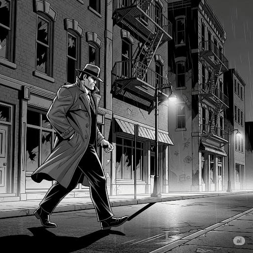 A grayscale, high-contrast pulp-noir graphic novel panel shows Jack Hammer, a burly man in a trench coat and fedora, walking down a rundown city street at night. The street is lined with dilapidated buildings, broken windows, and fire escapes, all rendered with sharp lines and deep shadows, conveying a sense of urban decay and grittiness.