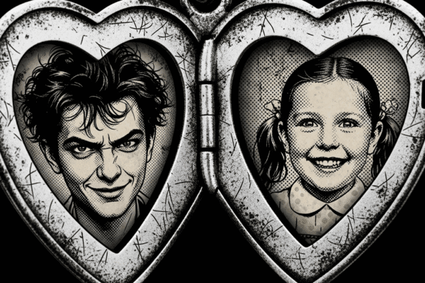 THE HAMMER FILES: Ashes to Ashes An open, tarnished silver locket with a sneering man's photo on the left and a smiling girl's photo on the right, in a gritty, black-and-white graphic novel style.