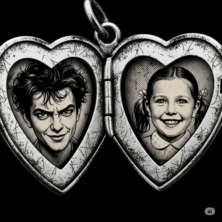 An open, tarnished silver locket with a sneering man's photo on the left and a smiling girl's photo on the right, in a gritty, black-and-white graphic novel style.