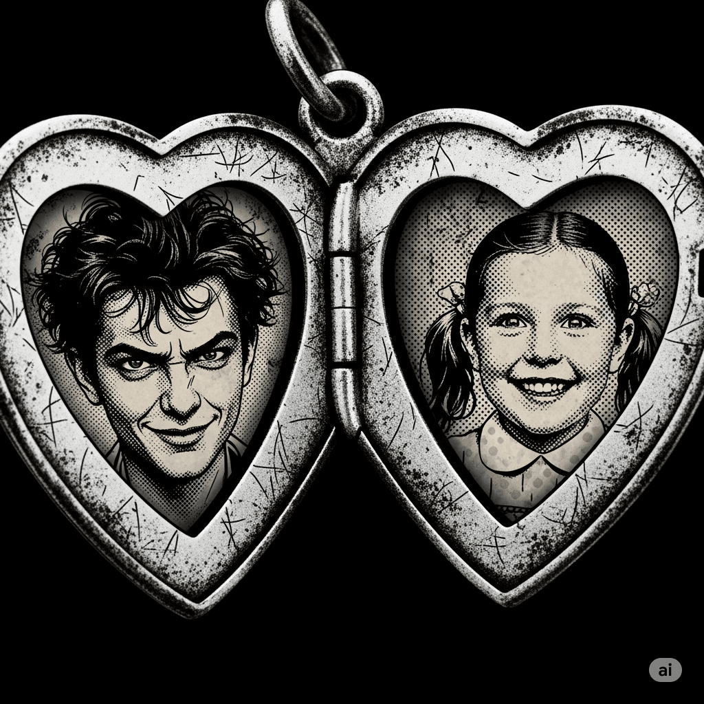 An open, tarnished silver locket with a sneering man's photo on the left and a smiling girl's photo on the right, in a gritty, black-and-white graphic novel style.