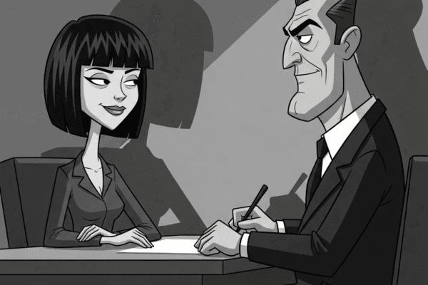 The Maxwell Meeting: The Real Game Behind The Curtain. Grayscale cartoon of Ghislaine Maxwell with straight, short black hair subtly engaging in a strategic, knowing conversation across a table with a stern male figure, hinting at a hidden deal.