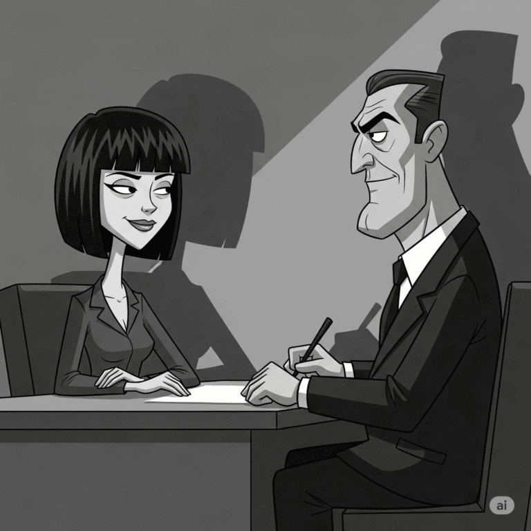 Grayscale cartoon of Ghislaine Maxwell with straight, short black hair subtly engaging in a strategic, knowing conversation across a table with a stern male figure, hinting at a hidden deal.