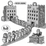 Grayscale cartoon of a long line of diverse people holding application forms, waiting outside a towering 'Immigration Services' building, while a bureaucrat stamps applications 'DENIED,' symbolizing the slow, frustrating immigration process.