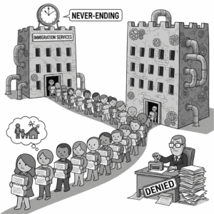Grayscale cartoon of a long line of diverse people holding application forms, waiting outside a towering 'Immigration Services' building, while a bureaucrat stamps applications 'DENIED,' symbolizing the slow, frustrating immigration process.