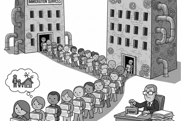 Alligator Alcatraz: How the System Turns Legal into “Alien” and Locks ‘Em Up Grayscale cartoon of a long line of diverse people holding application forms, waiting outside a towering 'Immigration Services' building, while a bureaucrat stamps applications 'DENIED,' symbolizing the slow, frustrating immigration process.