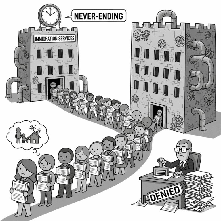Grayscale cartoon of a long line of diverse people holding application forms, waiting outside a towering 'Immigration Services' building, while a bureaucrat stamps applications 'DENIED,' symbolizing the slow, frustrating immigration process.