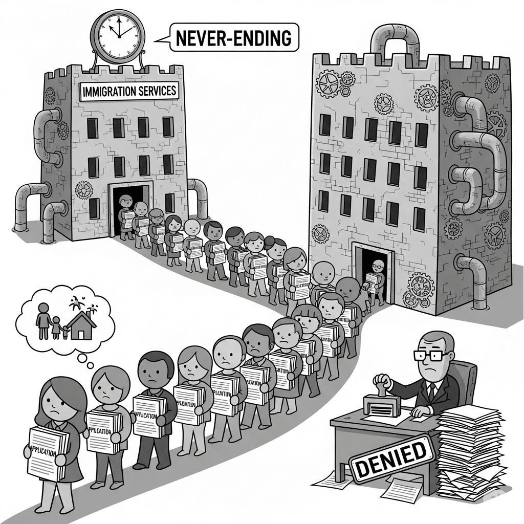 Grayscale cartoon of a long line of diverse people holding application forms, waiting outside a towering 'Immigration Services' building, while a bureaucrat stamps applications 'DENIED,' symbolizing the slow, frustrating immigration process.