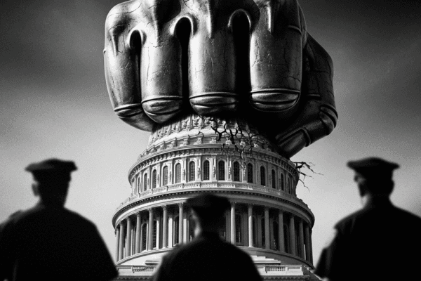 Capital Crackdown: Trump’s Iron Fist Grabs D.C. Police An intense, high-contrast, black-and-white image reminiscent of a 1940s film noir poster. A massive, metallic gauntlet—an "iron fist"—is shown gripping the dome of the U.S. Capitol Building. The texture of the gauntlet is sharp and gritty, with visible scrapes and dents. In the foreground, out of focus and blurred by a newsprint grain, are the silhouettes of a few police officers with their backs to the viewer, looking up at the imposing fist. The overall tone is grim and foreboding.