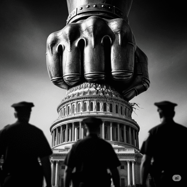 An intense, high-contrast, black-and-white image reminiscent of a 1940s film noir poster. A massive, metallic gauntlet—an "iron fist"—is shown gripping the dome of the U.S. Capitol Building. The texture of the gauntlet is sharp and gritty, with visible scrapes and dents. In the foreground, out of focus and blurred by a newsprint grain, are the silhouettes of a few police officers with their backs to the viewer, looking up at the imposing fist. The overall tone is grim and foreboding.
