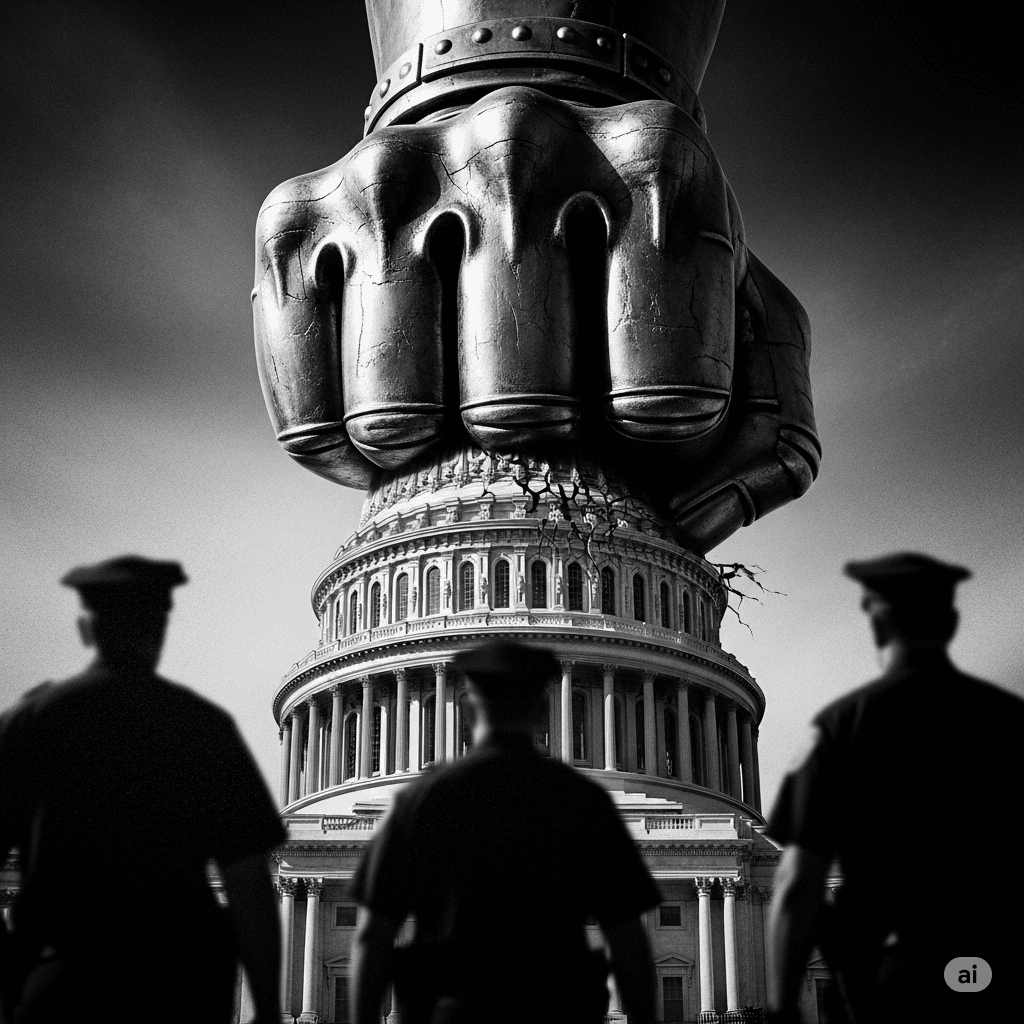 An intense, high-contrast, black-and-white image reminiscent of a 1940s film noir poster. A massive, metallic gauntlet—an "iron fist"—is shown gripping the dome of the U.S. Capitol Building. The texture of the gauntlet is sharp and gritty, with visible scrapes and dents. In the foreground, out of focus and blurred by a newsprint grain, are the silhouettes of a few police officers with their backs to the viewer, looking up at the imposing fist. The overall tone is grim and foreboding.
