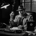 A gritty, black and white image of Jack Hammer, a private eye in a fedora and trench coat, sitting at his cluttered desk with a open wooden box in front of him.