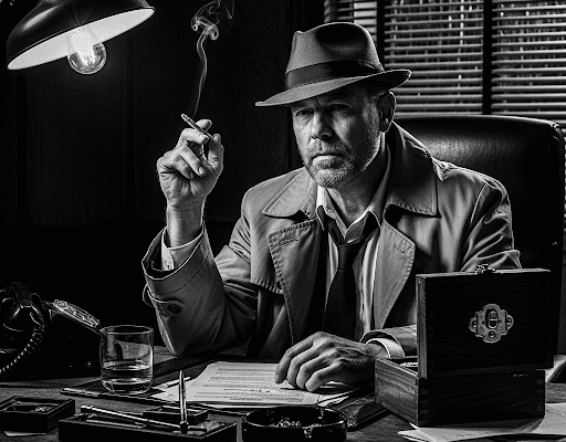 THE HAMMER FILES: The Oakmont Lead A gritty, black and white image of Jack Hammer, a private eye in a fedora and trench coat, sitting at his cluttered desk with a open wooden box in front of him.