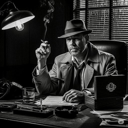 A gritty, black and white image of Jack Hammer, a private eye in a fedora and trench coat, sitting at his cluttered desk with a open wooden box in front of him.