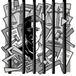 A grayscale cartoon illustration of a person behind prison bars, surrounded by abstract legal documents and gavels, symbolizing mass incarceration and systemic injustice.