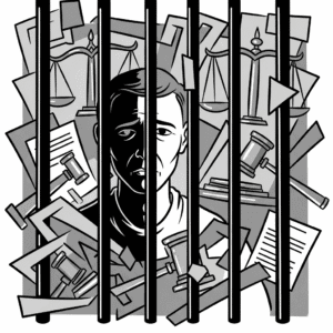 A grayscale cartoon illustration of a person behind prison bars, surrounded by abstract legal documents and gavels, symbolizing mass incarceration and systemic injustice.