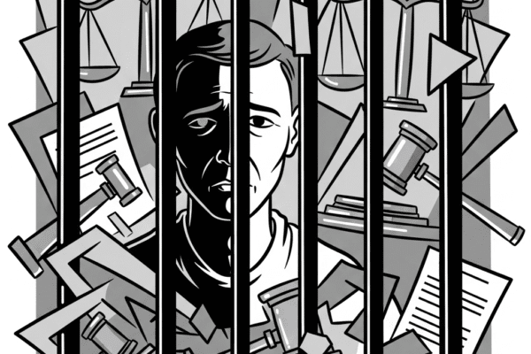 The Iron Cage Nation: Jack Hammer on America’s Prison Problem A grayscale cartoon illustration of a person behind prison bars, surrounded by abstract legal documents and gavels, symbolizing mass incarceration and systemic injustice.