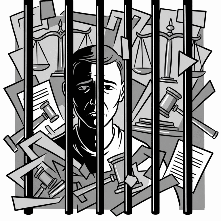 A grayscale cartoon illustration of a person behind prison bars, surrounded by abstract legal documents and gavels, symbolizing mass incarceration and systemic injustice.