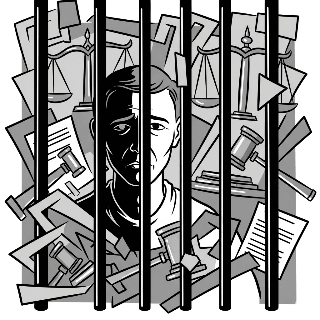 A grayscale cartoon illustration of a person behind prison bars, surrounded by abstract legal documents and gavels, symbolizing mass incarceration and systemic injustice.