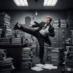 A satirical, grayscale image in a noir style shows a man, meant to be the "Chuck Norris of Florida politics," attempting a clumsy high kick in an office filled with stacks of mundane documents, with a comical grimace of effort.