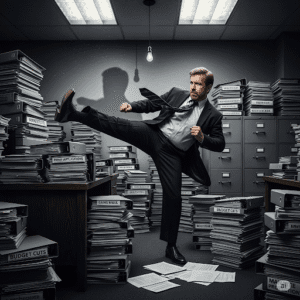 A satirical, grayscale image in a noir style shows a man, meant to be the "Chuck Norris of Florida politics," attempting a clumsy high kick in an office filled with stacks of mundane documents, with a comical grimace of effort.
