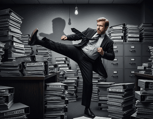 Policy Punches: The Chuck Norris of Paperwork A satirical, grayscale image in a noir style shows a man, meant to be the "Chuck Norris of Florida politics," attempting a clumsy high kick in an office filled with stacks of mundane documents, with a comical grimace of effort.