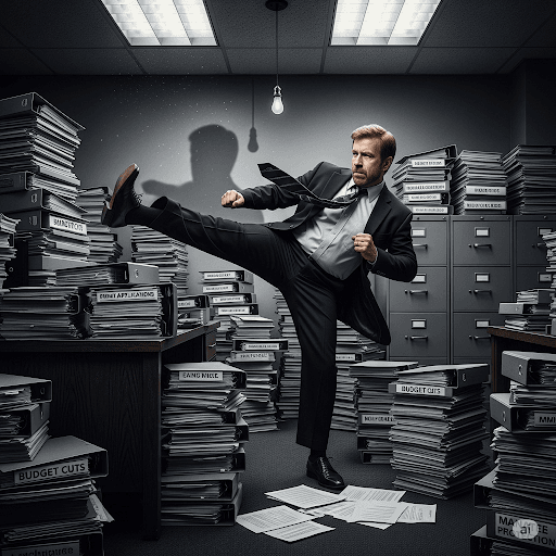 A satirical, grayscale image in a noir style shows a man, meant to be the "Chuck Norris of Florida politics," attempting a clumsy high kick in an office filled with stacks of mundane documents, with a comical grimace of effort.