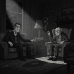 Cartoon. Noir. Gray scale. Jack Hammer is sitting on a worn couch in a dimly lit living room. Across from him, his aged uncle Frank, looking like he's in his hundreds, sits in an old armchair, smoking a cigar. The room is filled with dramatic shadows and the faint haze of cigar smoke. The scene captures a gritty, contemplative mood.