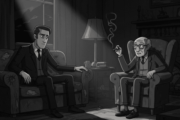THE HAMMER FILES: Old Town Frank’s Welcome Cartoon. Noir. Gray scale. Jack Hammer is sitting on a worn couch in a dimly lit living room. Across from him, his aged uncle Frank, looking like he's in his hundreds, sits in an old armchair, smoking a cigar. The room is filled with dramatic shadows and the faint haze of cigar smoke. The scene captures a gritty, contemplative mood.