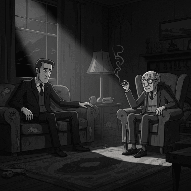 Cartoon. Noir. Gray scale. Jack Hammer is sitting on a worn couch in a dimly lit living room. Across from him, his aged uncle Frank, looking like he's in his hundreds, sits in an old armchair, smoking a cigar. The room is filled with dramatic shadows and the faint haze of cigar smoke. The scene captures a gritty, contemplative mood.