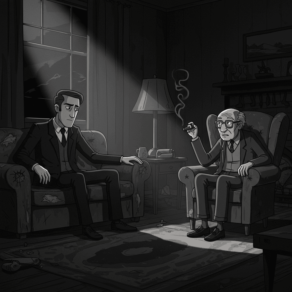 Cartoon. Noir. Gray scale. Jack Hammer is sitting on a worn couch in a dimly lit living room. Across from him, his aged uncle Frank, looking like he's in his hundreds, sits in an old armchair, smoking a cigar. The room is filled with dramatic shadows and the faint haze of cigar smoke. The scene captures a gritty, contemplative mood.