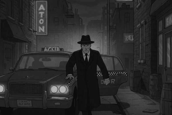 THE HAMMER FILES: Old Town Frank Cartoon. Noir. Gray scale. Jack Hammer is getting out of a beat-up cab in a run-down, gritty "Old Town" neighborhood. The street is dark and rain-slicked, with a few flickering neon signs in the distance. The scene is dramatic and high-contrast, with deep shadows, capturing the somber, contemplative mood as he steps into the familiar, tough environment.