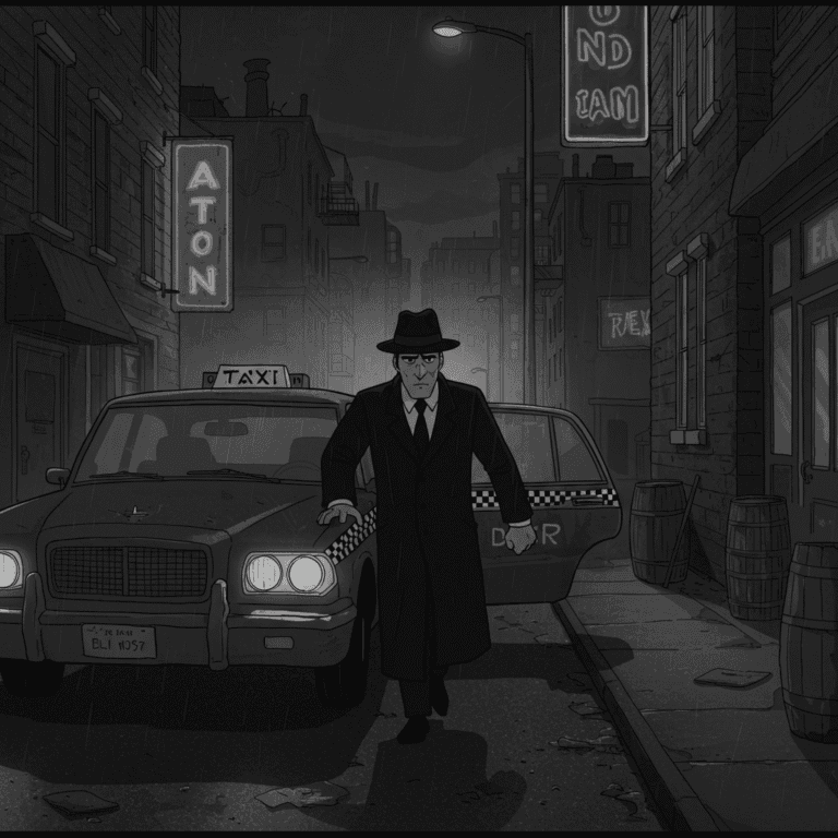 Cartoon. Noir. Gray scale. Jack Hammer is getting out of a beat-up cab in a run-down, gritty "Old Town" neighborhood. The street is dark and rain-slicked, with a few flickering neon signs in the distance. The scene is dramatic and high-contrast, with deep shadows, capturing the somber, contemplative mood as he steps into the familiar, tough environment.