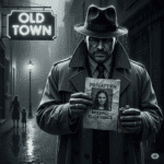 Grayscale, gritty image of a pulp-noir detective in the rain, holding a "Missing" flyer for a girl, haunted by ghostly reflections in "Old Town."