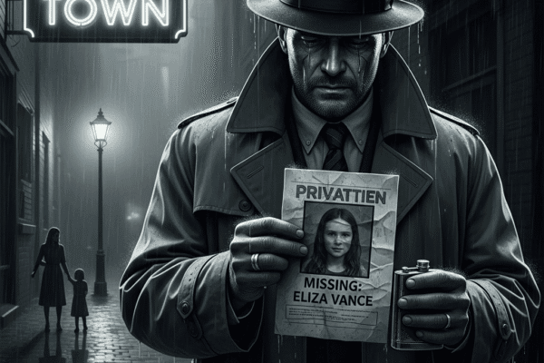 An Inheritance of Grief Grayscale, gritty image of a pulp-noir detective in the rain, holding a "Missing" flyer for a girl, haunted by ghostly reflections in "Old Town."