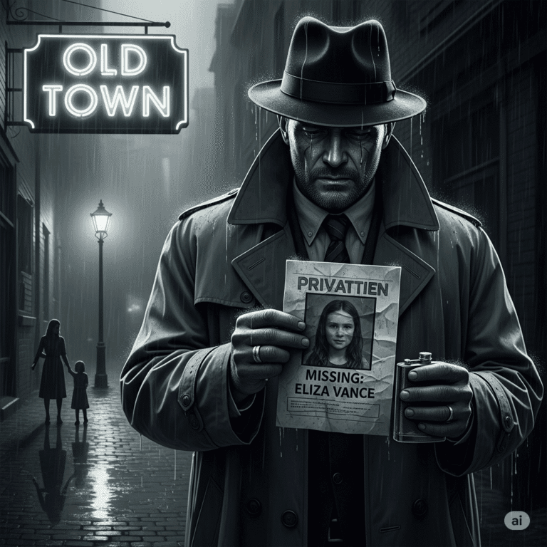 Grayscale, gritty image of a pulp-noir detective in the rain, holding a "Missing" flyer for a girl, haunted by ghostly reflections in "Old Town."