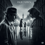 Grayscale, gritty image of a noir detective in "Old Town" looking at a ghostly apparition of a woman and child on a rainy street, conveying regret and loss.