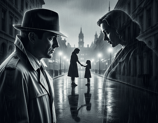 THE HAMMER FILES: Old Debts Payment Due Grayscale, gritty image of a noir detective in "Old Town" looking at a ghostly apparition of a woman and child on a rainy street, conveying regret and loss.
