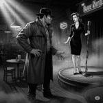 A grayscale, high-contrast pulp-noir graphic novel panel shows Jack Hammer, a burly man in a trench coat and fedora, confronting a female performer on a small stage in a dimly lit, gritty dive bar. She stands by a microphone, looking at him with a serious, warning expression, implying danger. The bar's name, "The Blue Note," is faintly visible in the background.