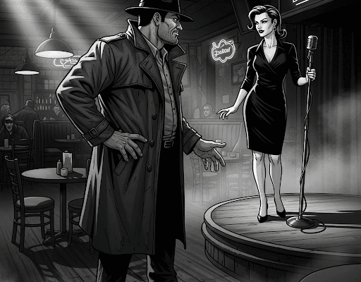 The Hammer Files: Rocco’s Game and The Girl A grayscale, high-contrast pulp-noir graphic novel panel shows Jack Hammer, a burly man in a trench coat and fedora, confronting a female performer on a small stage in a dimly lit, gritty dive bar. She stands by a microphone, looking at him with a serious, warning expression, implying danger. The bar's name, "The Blue Note," is faintly visible in the background.
