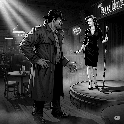 A grayscale, high-contrast pulp-noir graphic novel panel shows Jack Hammer, a burly man in a trench coat and fedora, confronting a female performer on a small stage in a dimly lit, gritty dive bar. She stands by a microphone, looking at him with a serious, warning expression, implying danger. The bar's name, "The Blue Note," is faintly visible in the background.