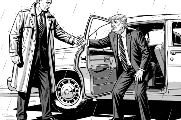The Beast’s Cozy Backseat: Trump’s Alaska Rendezvous with Putin A black and white pulp noir style illustration of Vladimir Putin helping Donald Trump out of a car, with the two men holding hands